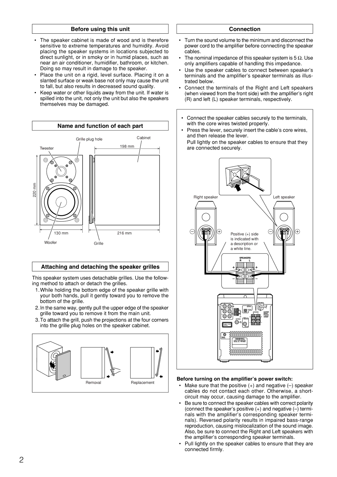 Onkyo D-N3X Before using this unit Connection, Name and function of each part, Attaching and detaching the speaker grilles 