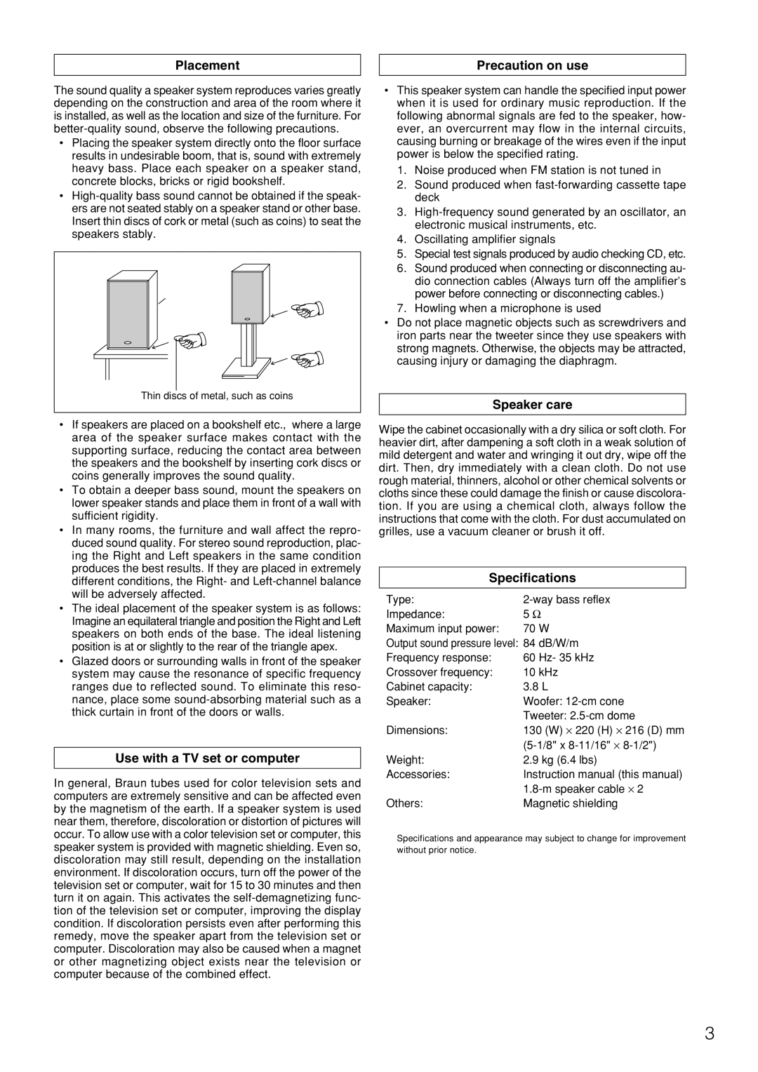 Onkyo D-N3X instruction manual Placement Precaution on use, Use with a TV set or computer, Speaker care, Specifications 