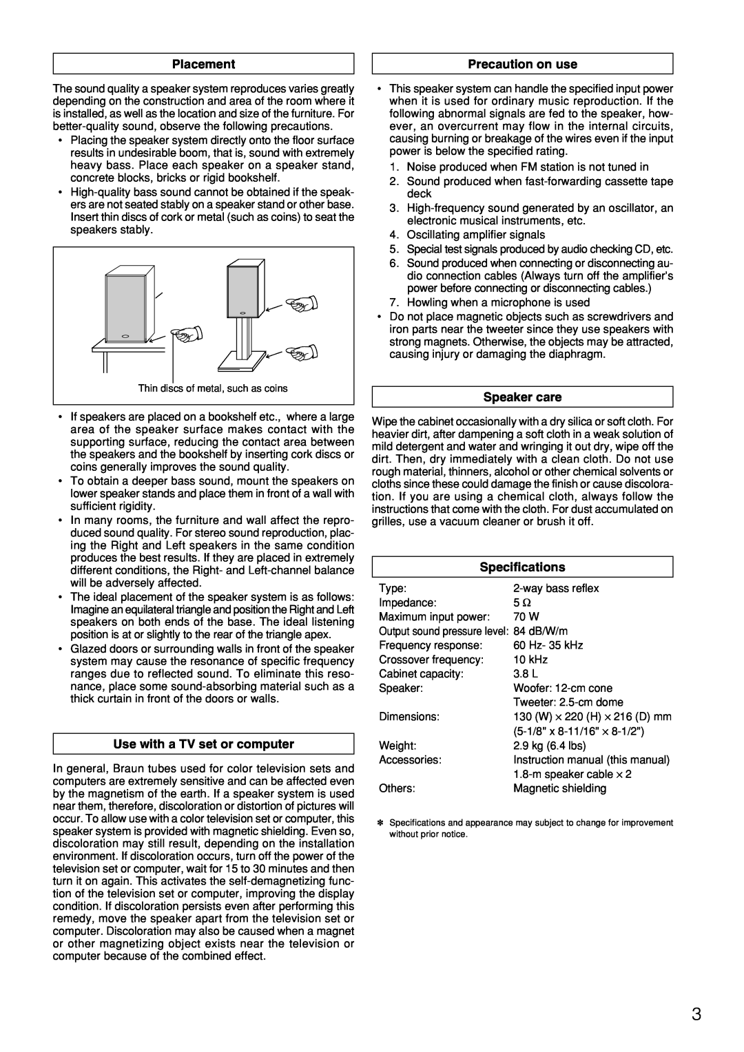 Onkyo D-N3X instruction manual Placement, Precaution on use, Use with a TV set or computer, Speaker care, Specifications 