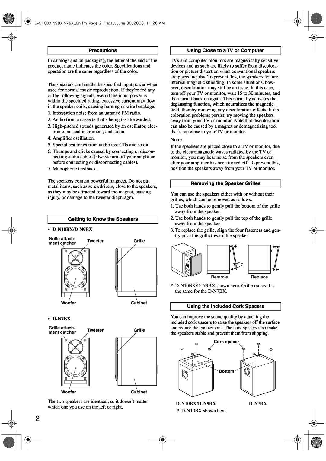 Onkyo Precautions, Getting to Know the Speakers, D-N10BX/D-N9BX, D-N7BX, Using Close to a TV or Computer 