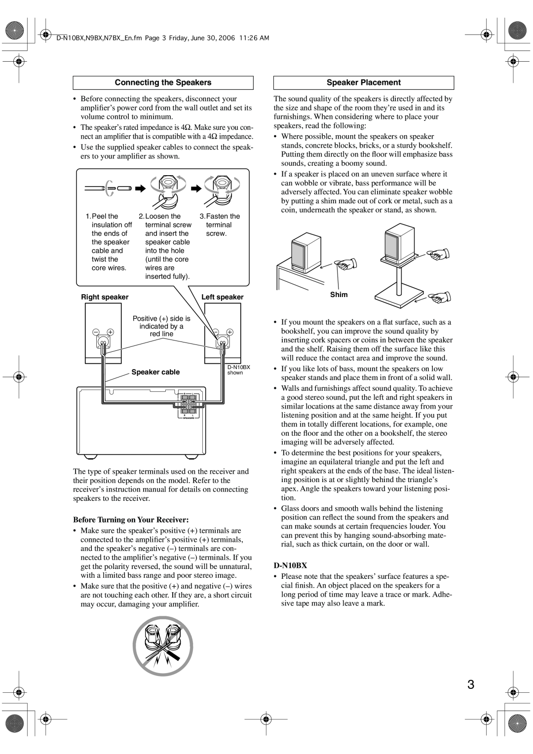 Onkyo D-N9BX, D-N7BX instruction manual Connecting the Speakers, Before Turning on Your Receiver, Speaker Placement, D-N10BX 