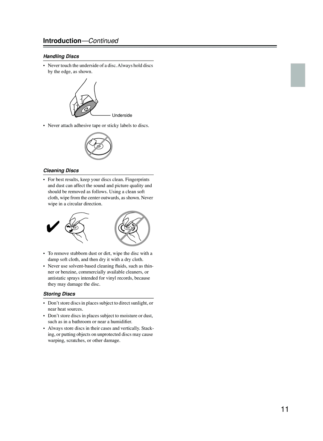 Onkyo DPS-5.5 Handling Discs, Never attach adhesive tape or sticky labels to discs, Cleaning Discs, Storing Discs 