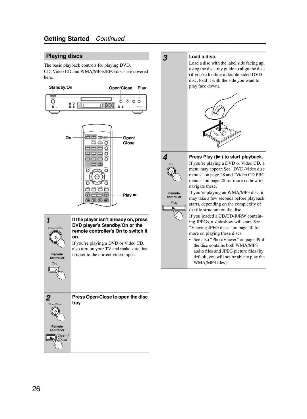 Onkyo DPS-5.5 instruction manual Load a disc, Press Play to start playback, Tray 