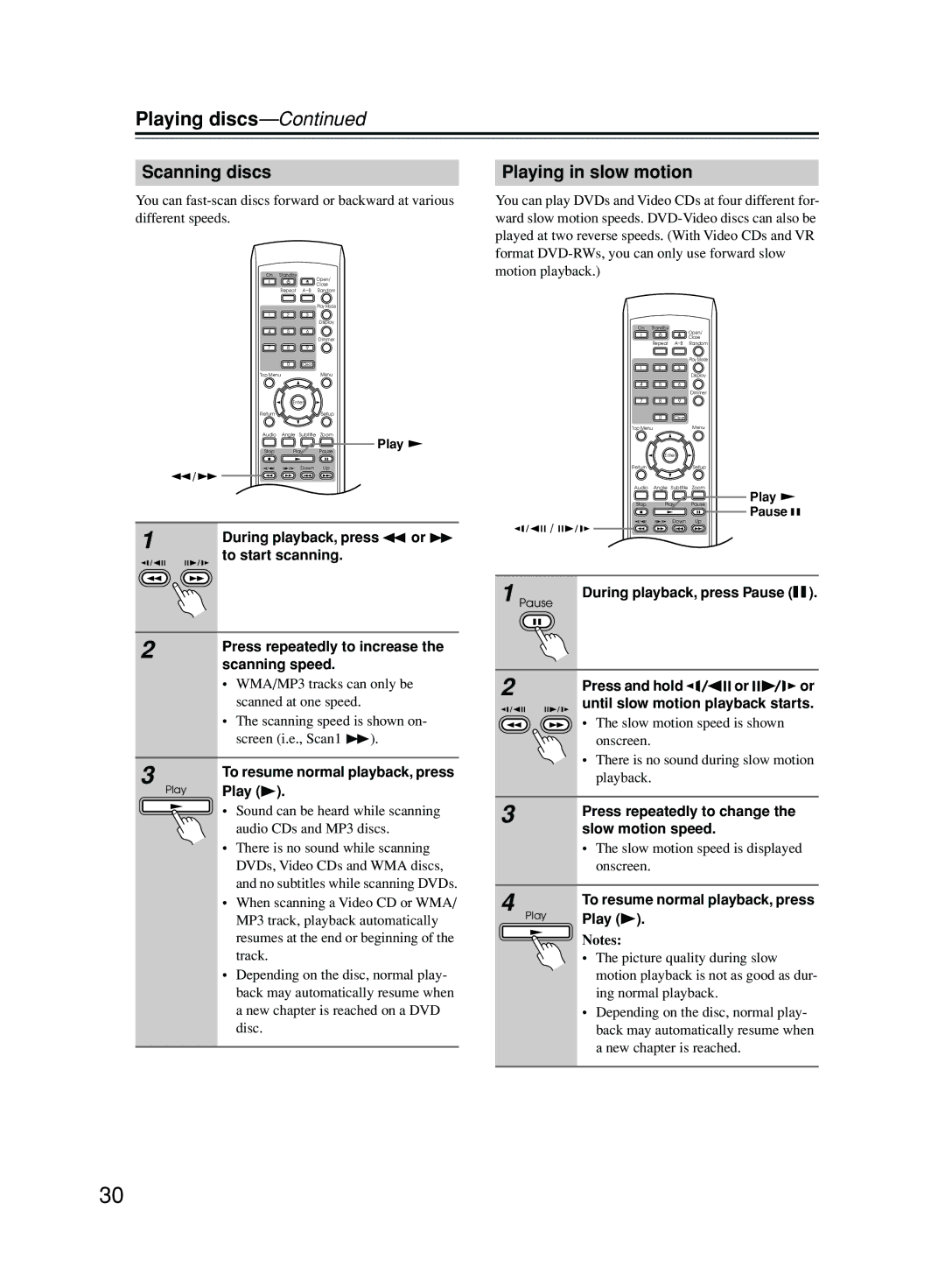 Onkyo DPS-5.5 instruction manual Playing discs, Scanning discs, Playing in slow motion 