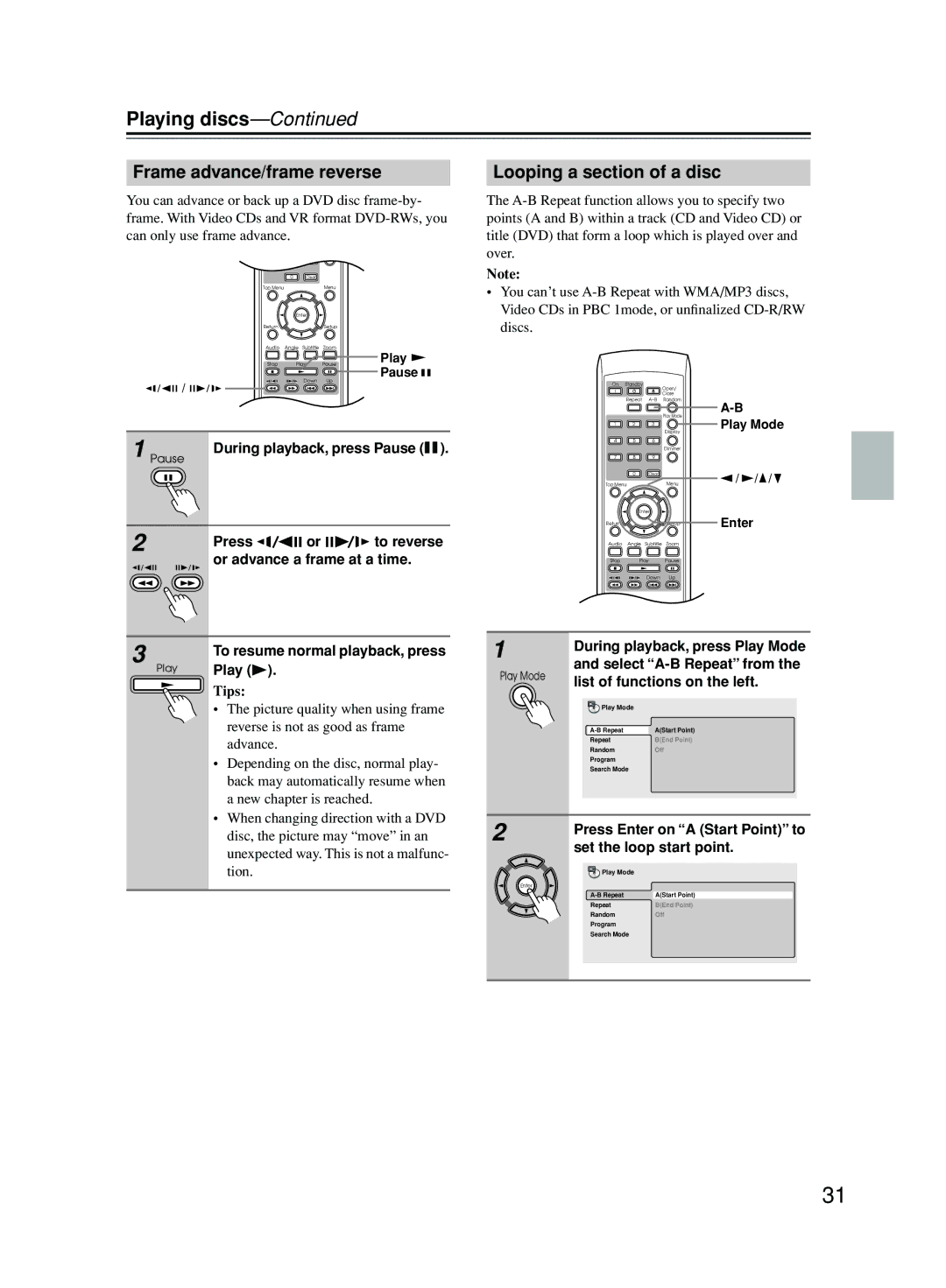 Onkyo DPS-5.5 instruction manual Frame advance/frame reverse, Looping a section of a disc 