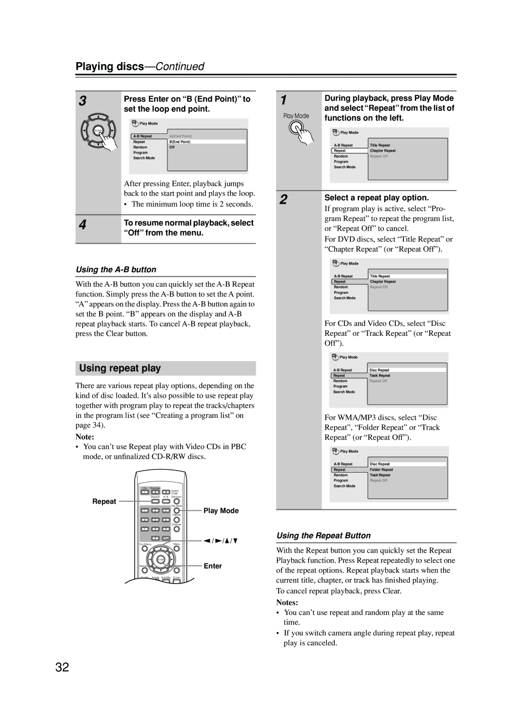 Onkyo DPS-5.5 instruction manual Using repeat play, Using the A-B button, Using the Repeat Button 