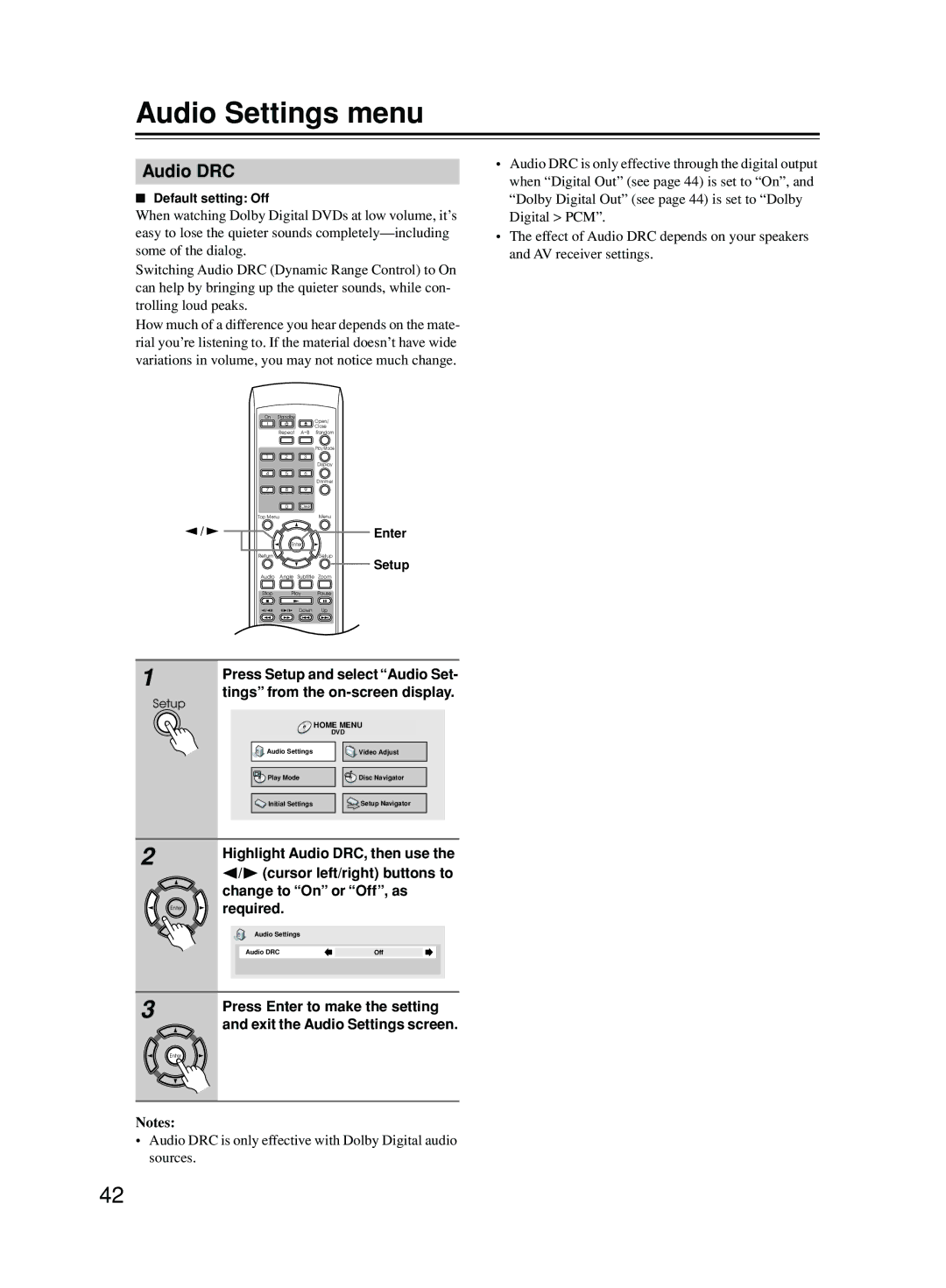 Onkyo DPS-5.5 instruction manual Audio Settings menu, Audio DRC 