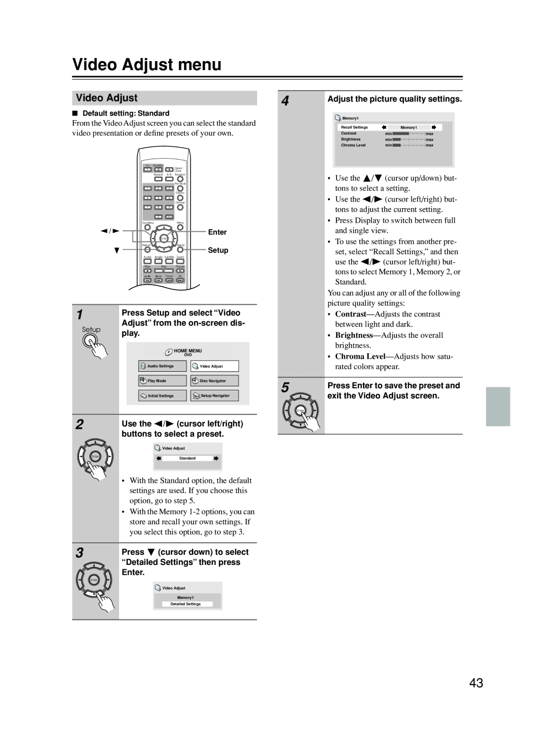 Onkyo DPS-5.5 instruction manual Video Adjust menu 