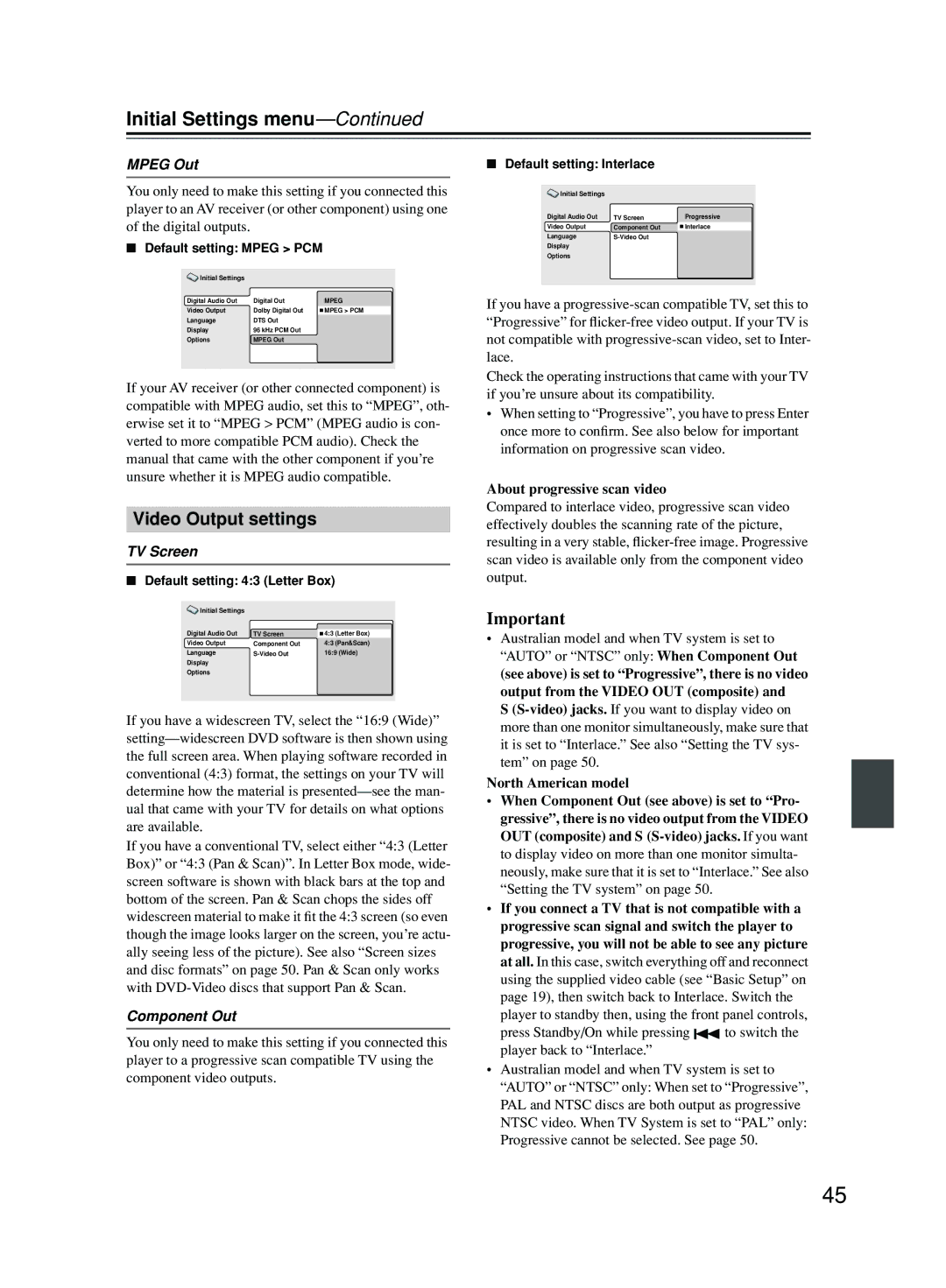 Onkyo DPS-5.5 instruction manual Initial Settings menu, Video Output settings, Mpeg Out, TV Screen, Component Out 