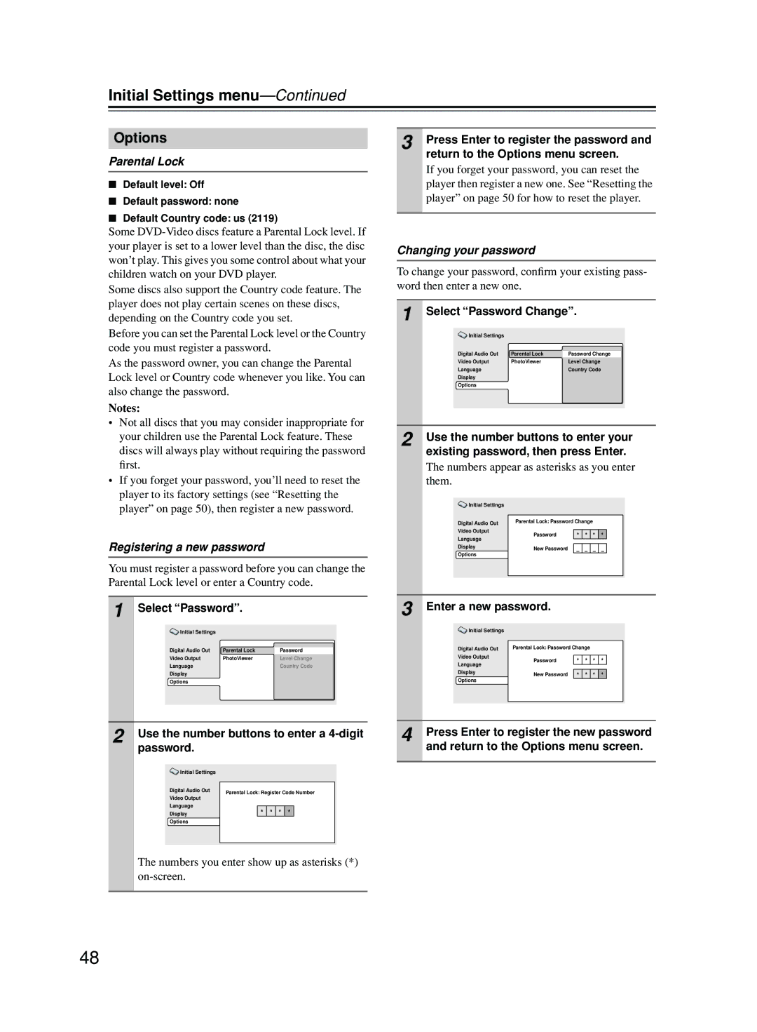 Onkyo DPS-5.5 instruction manual Options, Parental Lock, Registering a new password, Changing your password 