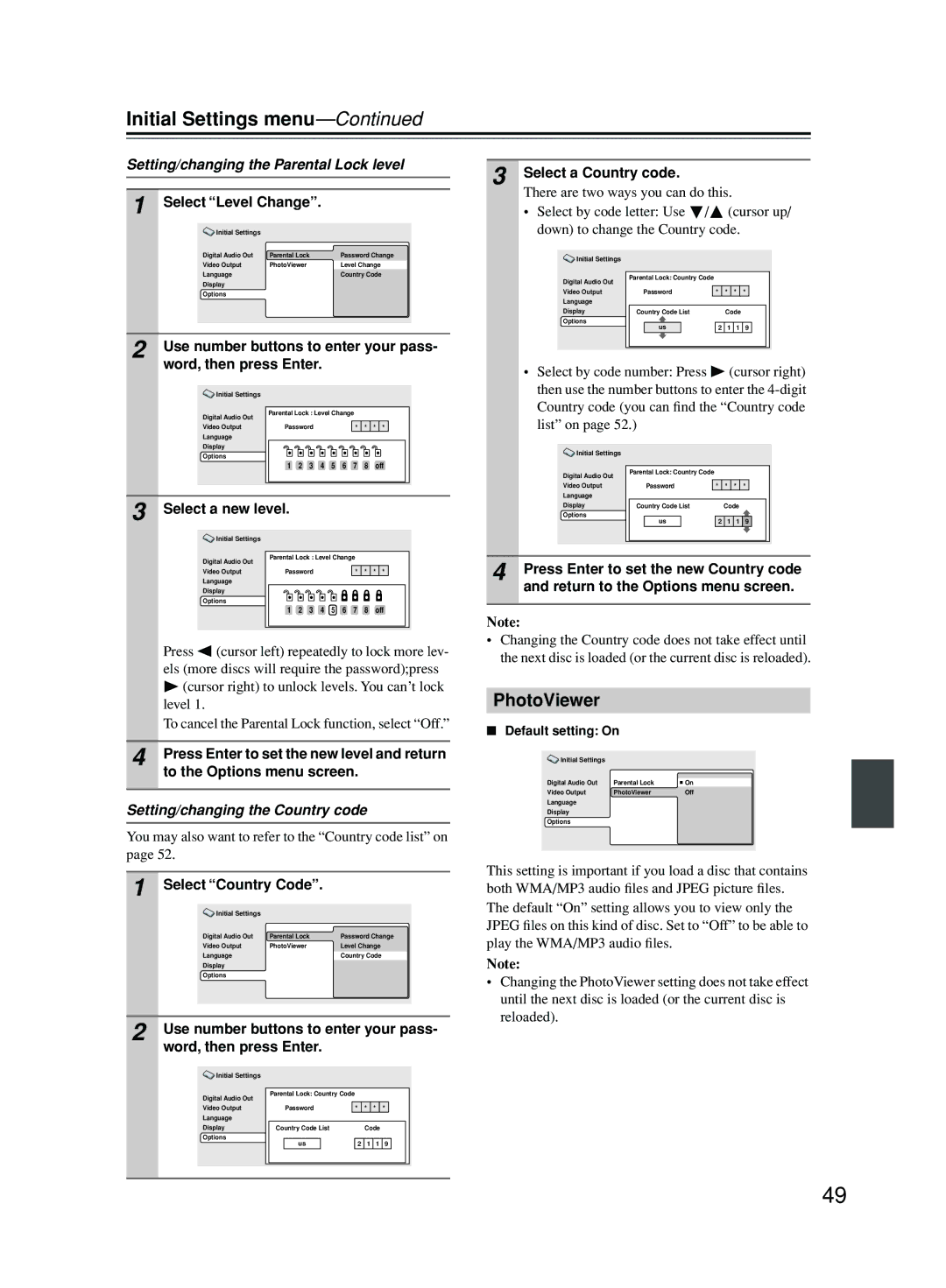 Onkyo DPS-5.5 instruction manual PhotoViewer, Setting/changing the Parental Lock level, Setting/changing the Country code 