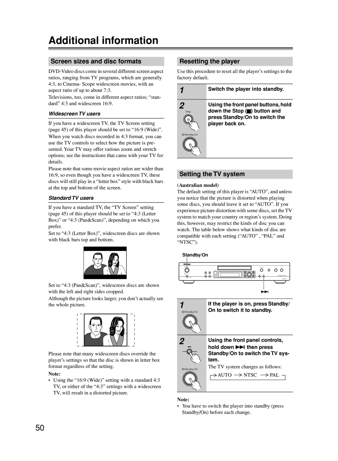 Onkyo DPS-5.5 Additional information, Screen sizes and disc formats, Resetting the player, Setting the TV system 