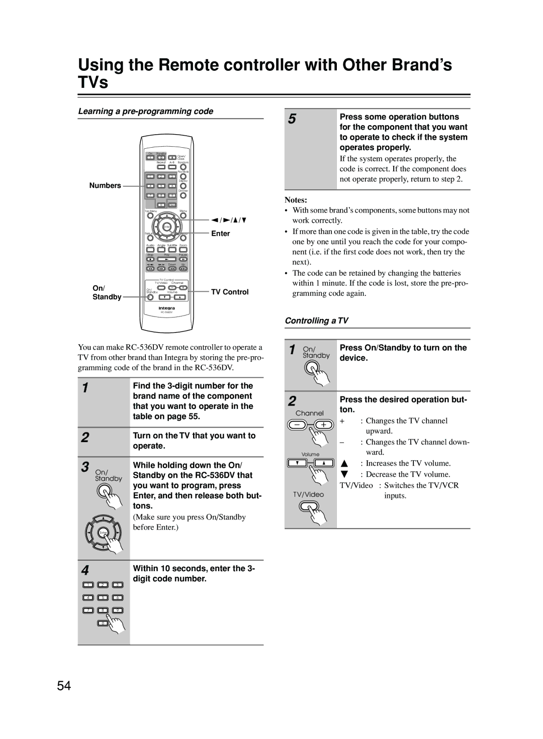 Onkyo DPS-5.5 Using the Remote controller with Other Brand’s TVs, Learning a pre-programming code, Controlling a TV 