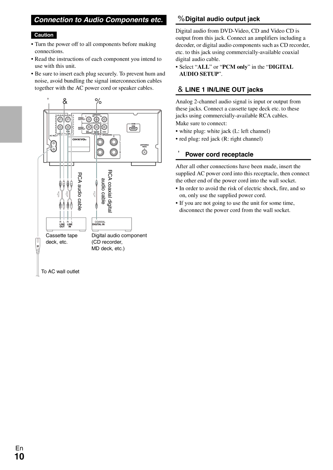 Onkyo DR-645 instruction manual Connection to Audio Components etc, Digital audio output jack, Line 1 IN/LINE OUT jacks 