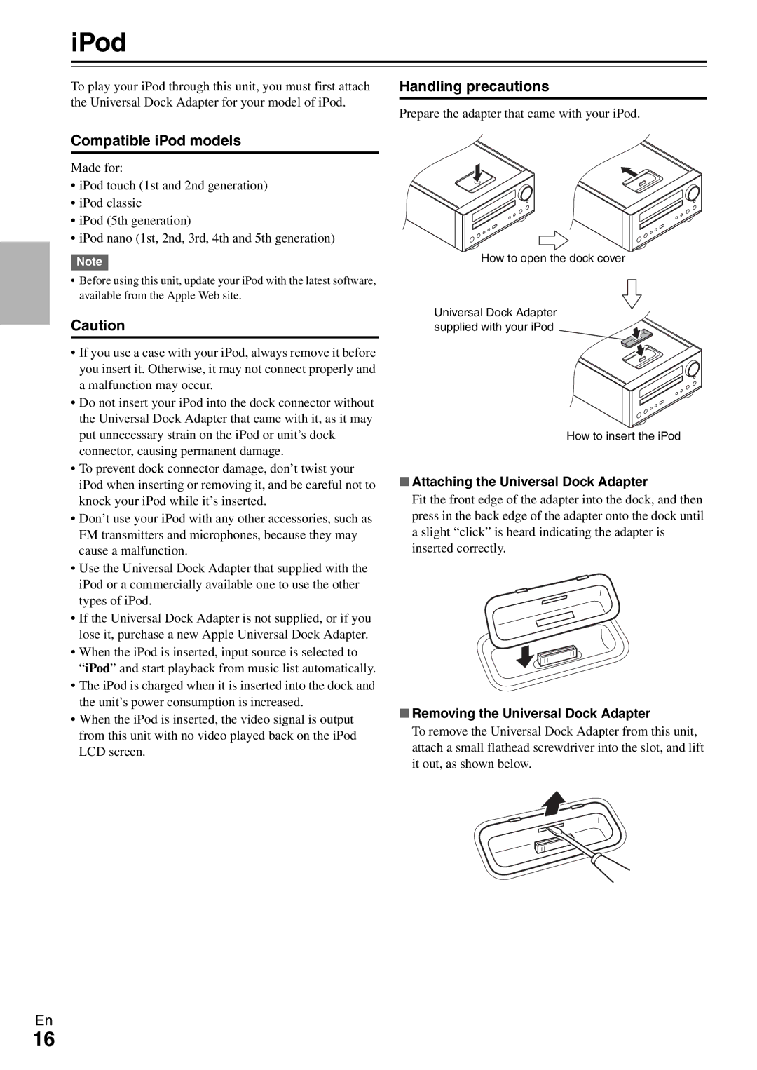 Onkyo DR-645 IPod, Compatible iPod models, Attaching the Universal Dock Adapter, Removing the Universal Dock Adapter 