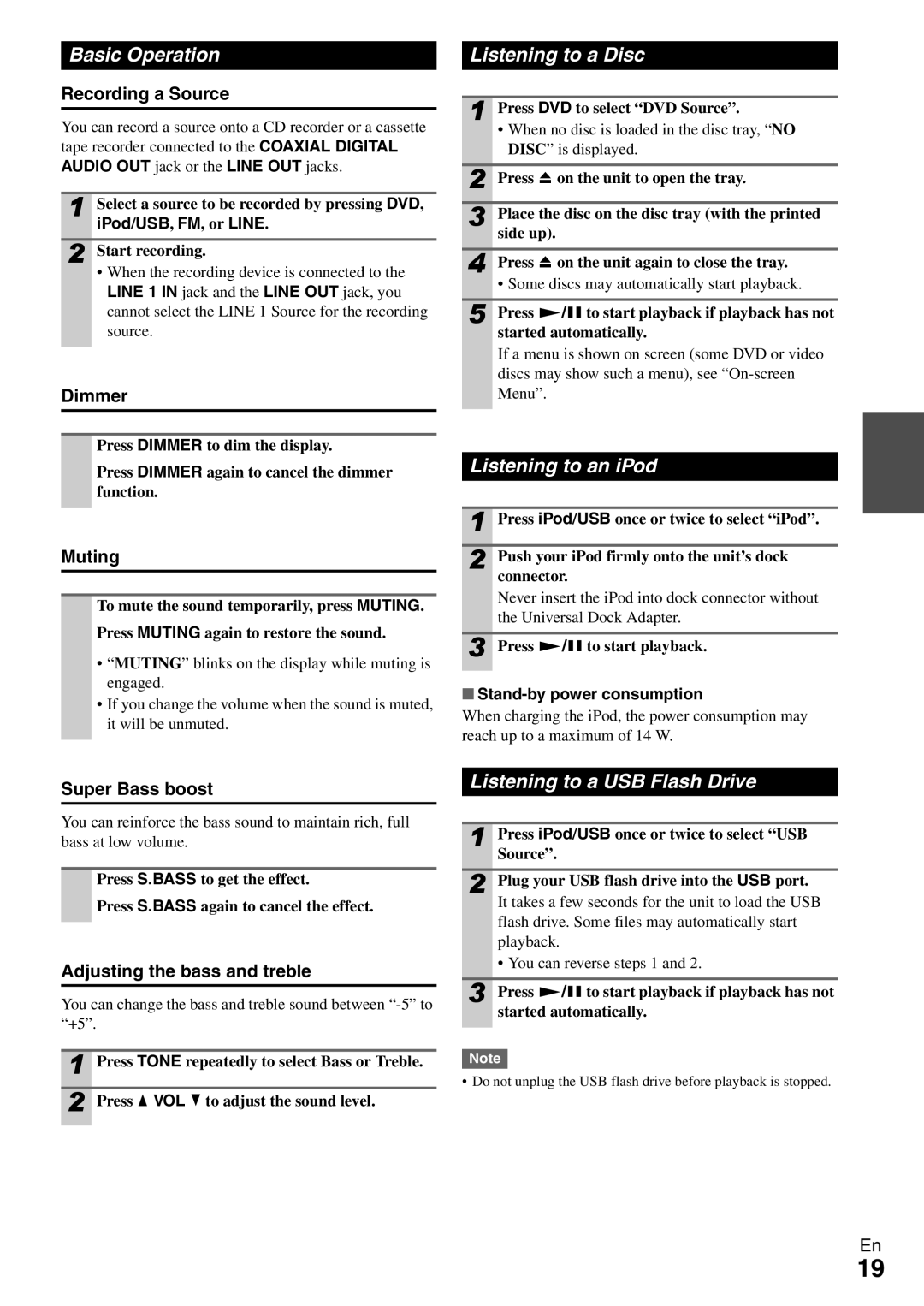 Onkyo DR-645 instruction manual Basic Operation, Listening to a Disc, Listening to an iPod, Listening to a USB Flash Drive 