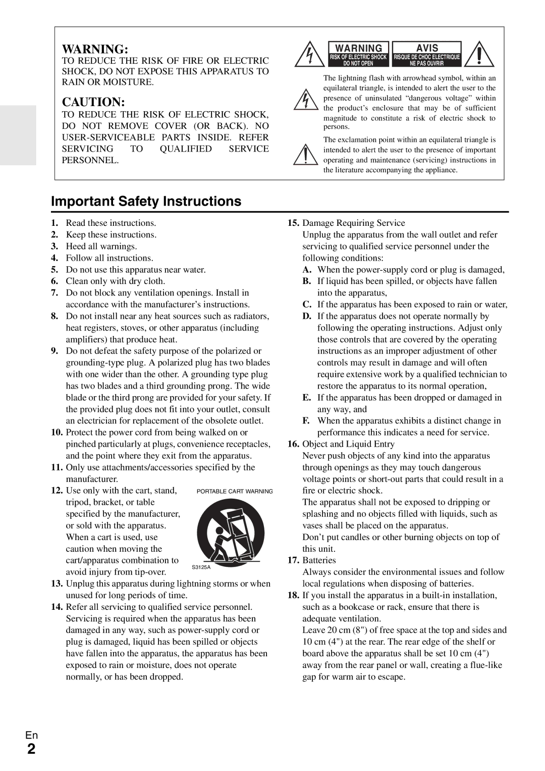 Onkyo DR-645 instruction manual Important Safety Instructions 