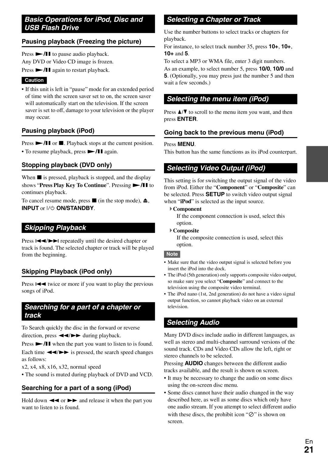 Onkyo DR-645 Basic Operations for iPod, Disc and USB Flash Drive, Selecting a Chapter or Track, Skipping Playback 