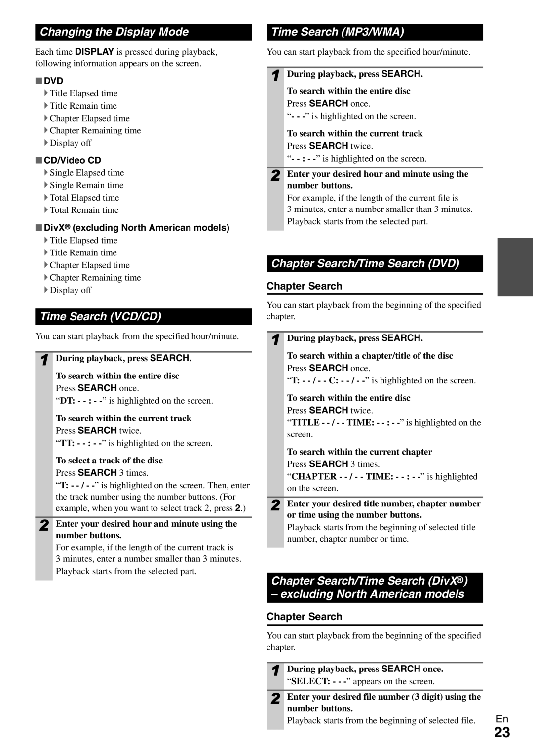 Onkyo DR-645 Changing the Display Mode, Time Search VCD/CD, Time Search MP3/WMA, Chapter Search/Time Search DVD 