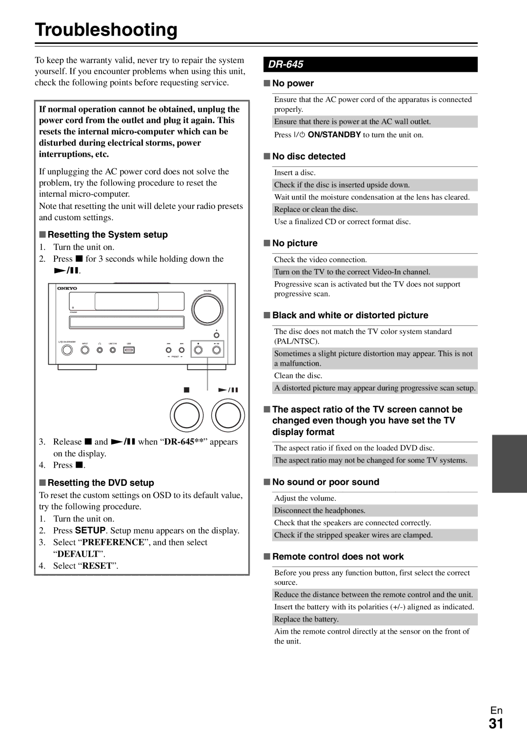 Onkyo DR-645 instruction manual Troubleshooting 