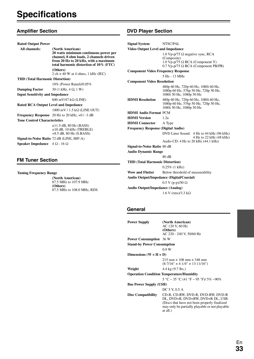 Onkyo DR-645 instruction manual Specifications, Amplifier Section, FM Tuner Section, DVD Player Section, General 