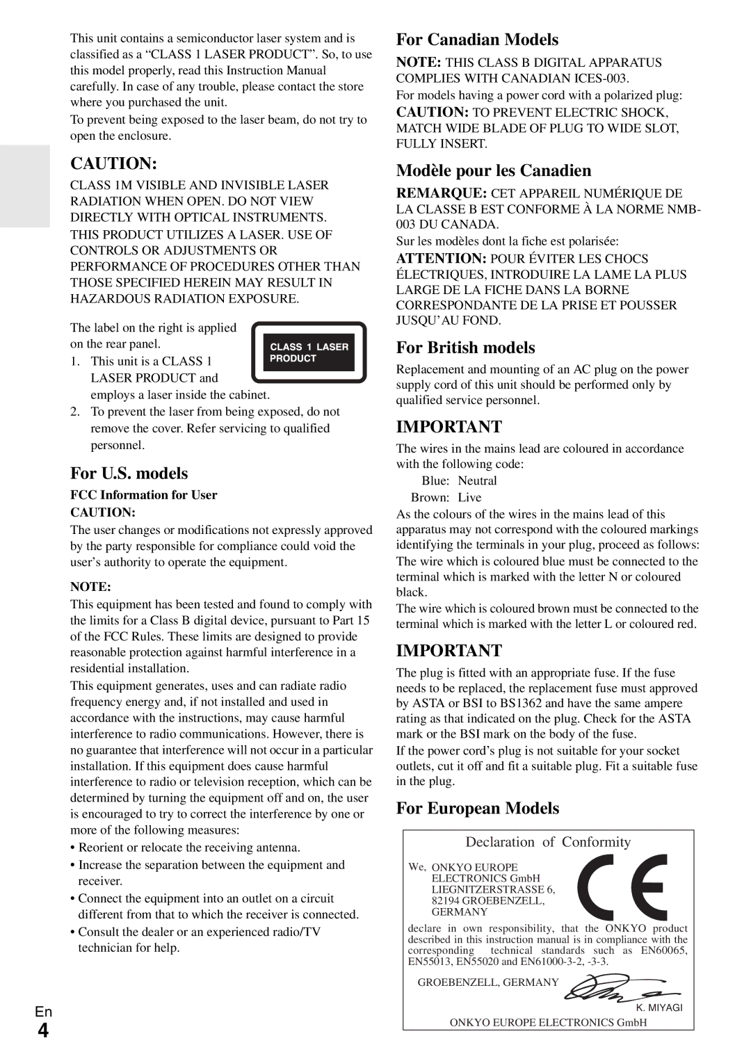 Onkyo DR-645 instruction manual For U.S. models, FCC Information for User 