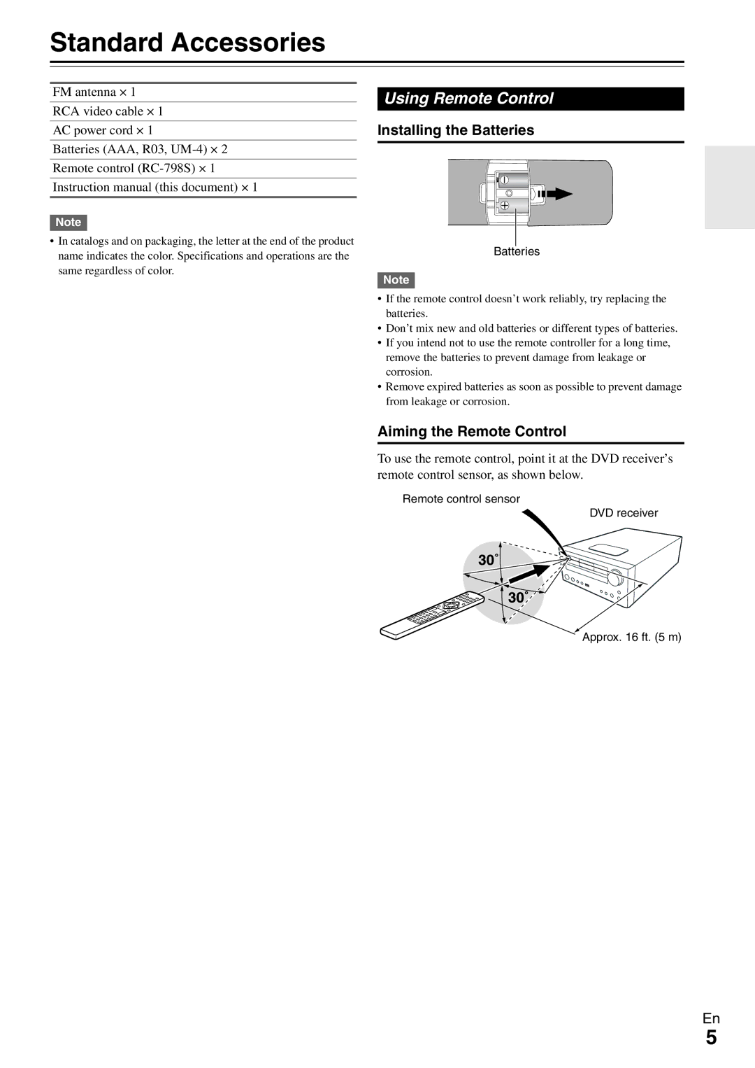 Onkyo DR-645 Standard Accessories, Using Remote Control, Installing the Batteries, Aiming the Remote Control 