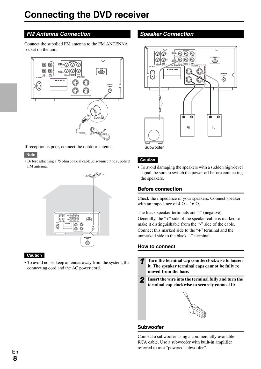 Onkyo DR-645 Connecting the DVD receiver, FM Antenna Connection Speaker Connection, Before connection, How to connect 