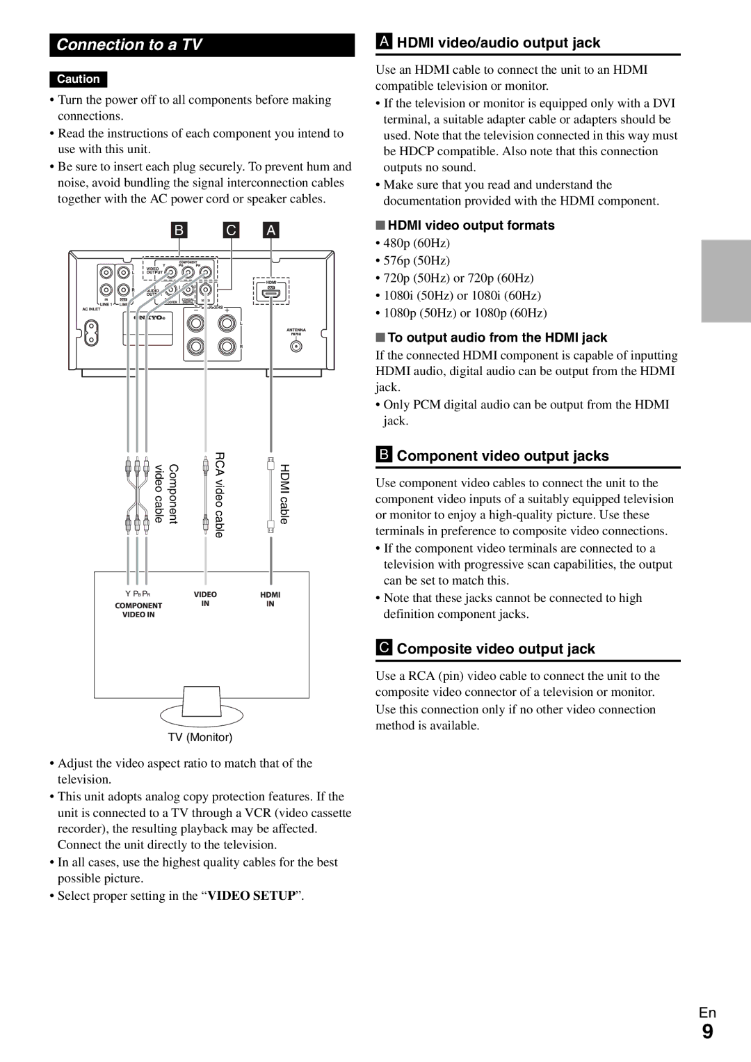 Onkyo DR-645 Connection to a TV, Hdmi video/audio output jack, Component video output jacks, Composite video output jack 