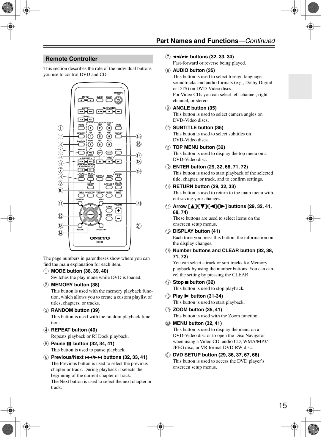 Onkyo DR-815 Mode button 38, 39, Memory button, Random button, Repeat button, Pause button 32, 34, Buttons 32, 33 