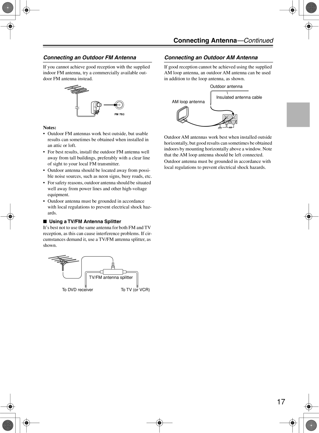 Onkyo DR-815 instruction manual Connecting Antenna, Connecting an Outdoor FM Antenna, Connecting an Outdoor AM Antenna 