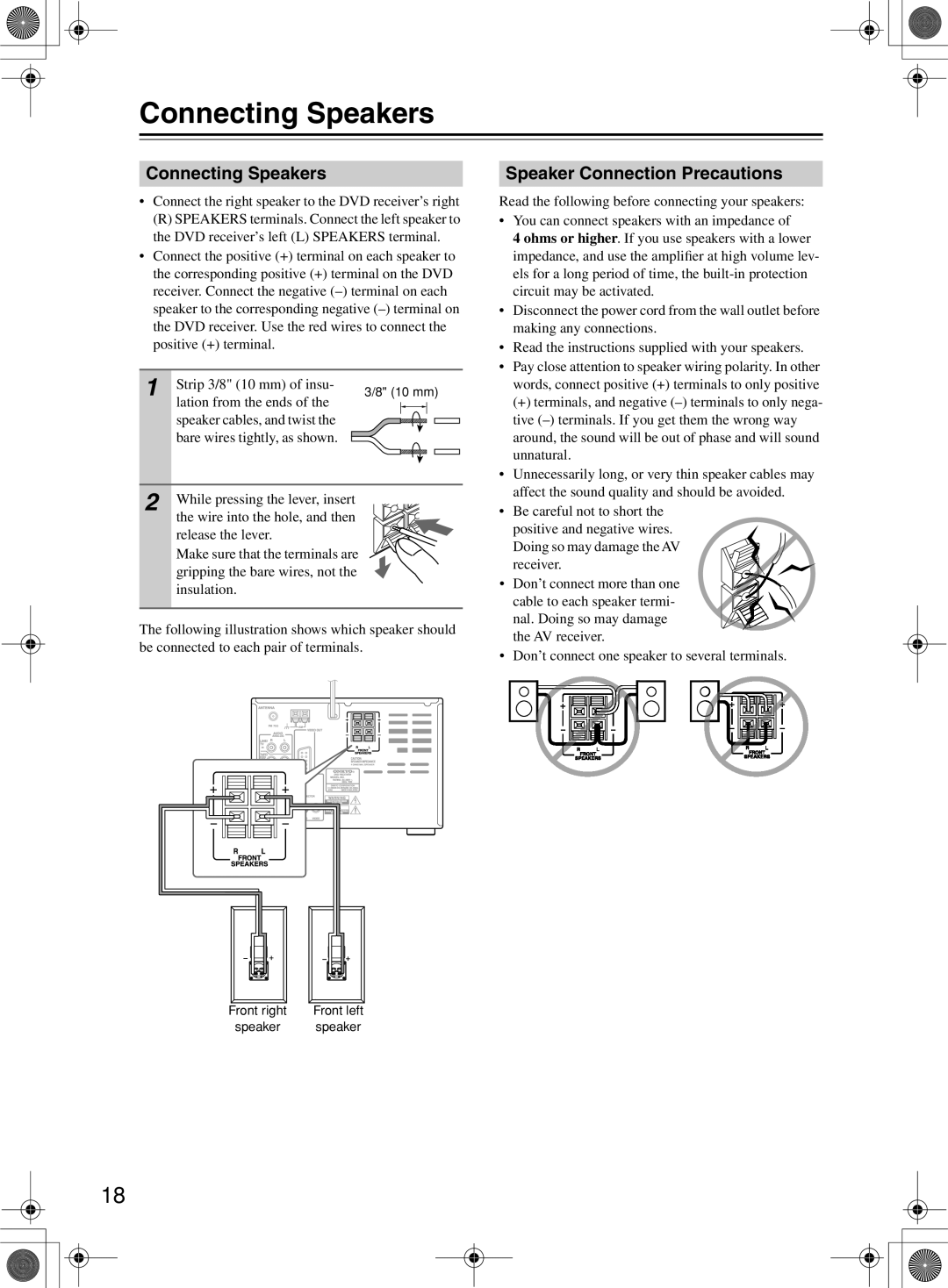 Onkyo DR-815 instruction manual Connecting Speakers, Speaker Connection Precautions 