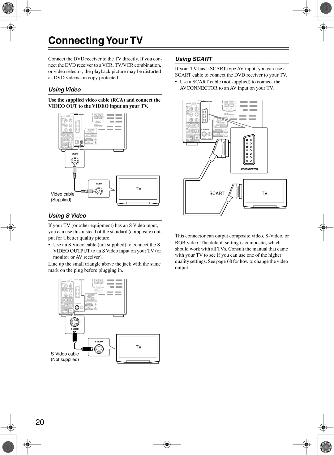 Onkyo DR-815 instruction manual Connecting Your TV, Using Video, Using Scart, Using S Video 