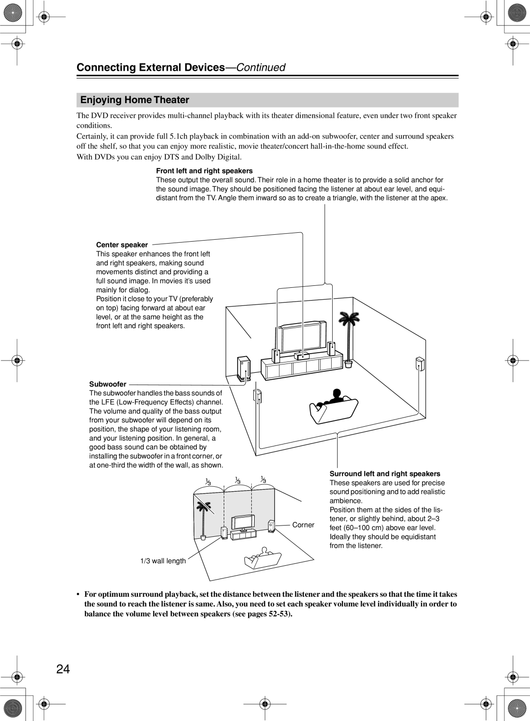 Onkyo DR-815 instruction manual Enjoying Home Theater, Front left and right speakers, Center speaker, Subwoofer 