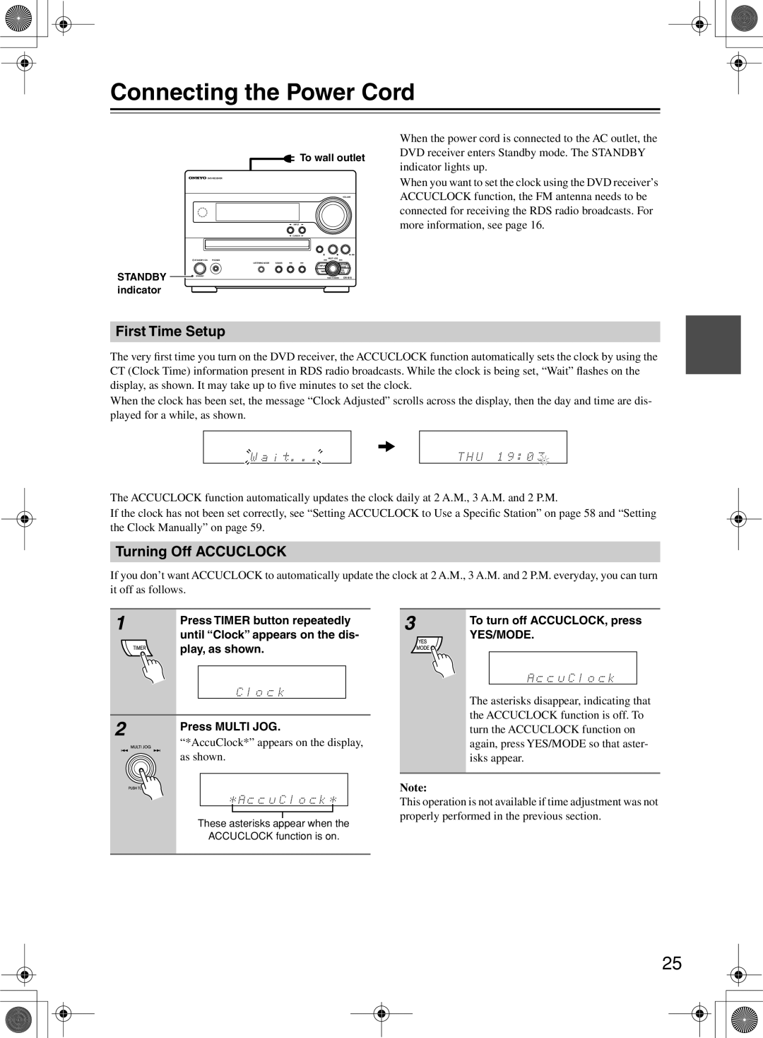 Onkyo DR-815 Connecting the Power Cord, First Time Setup, Turning Off Accuclock, To turn off ACCUCLOCK, press 