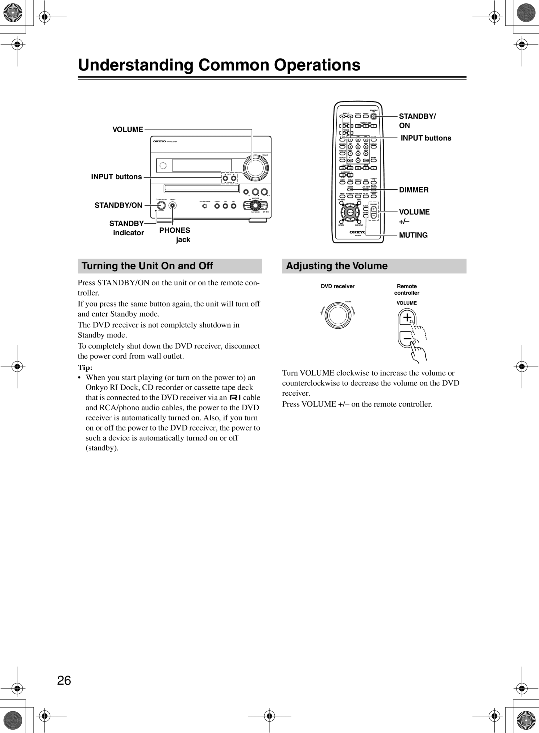 Onkyo DR-815 instruction manual Understanding Common Operations, Turning the Unit On and Off, Adjusting the Volume, Tip 