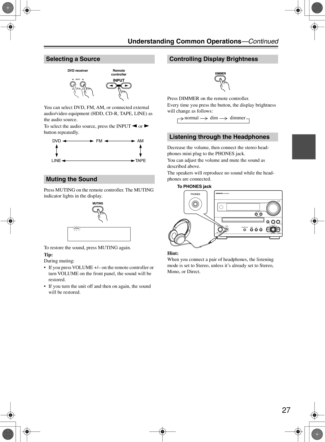 Onkyo DR-815 Understanding Common Operations, Selecting a Source, Muting the Sound, Controlling Display Brightness 