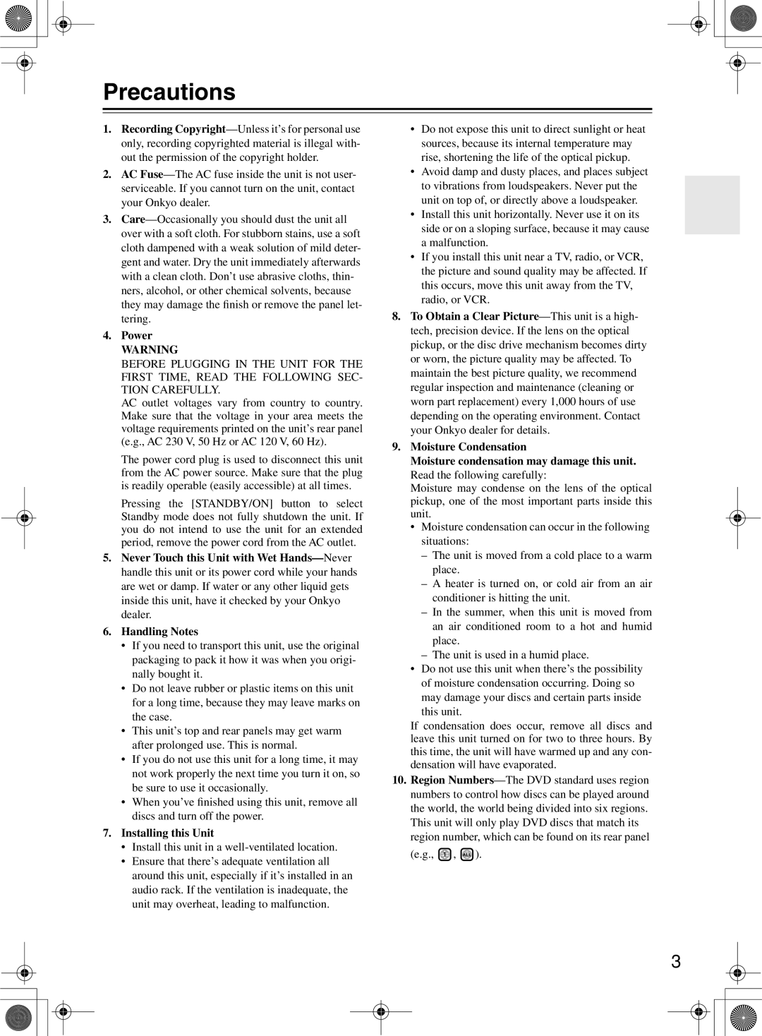 Onkyo DR-815 instruction manual Precautions, Power, Installing this Unit 