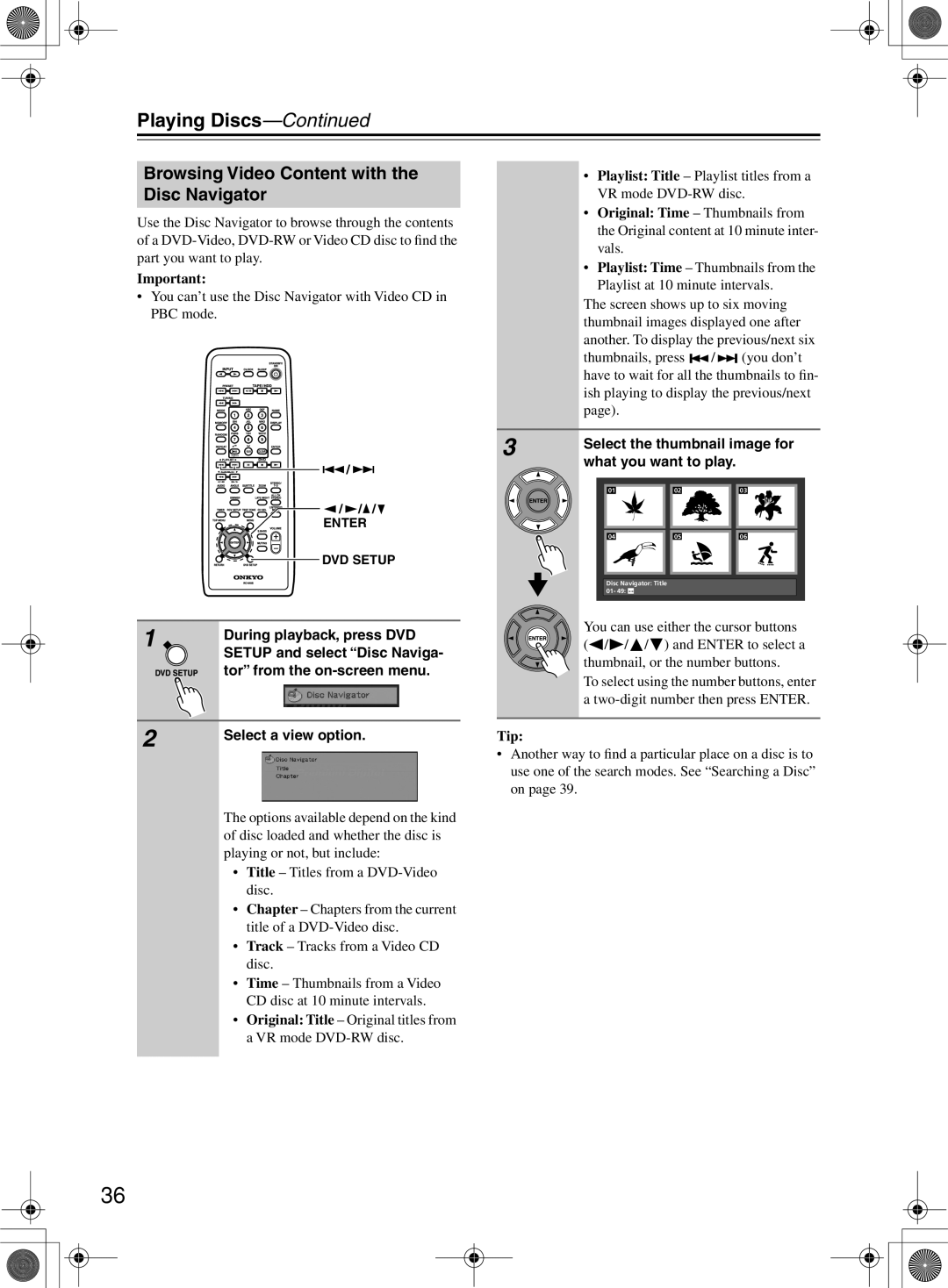 Onkyo DR-815 instruction manual Browsing Video Content with the Disc Navigator 