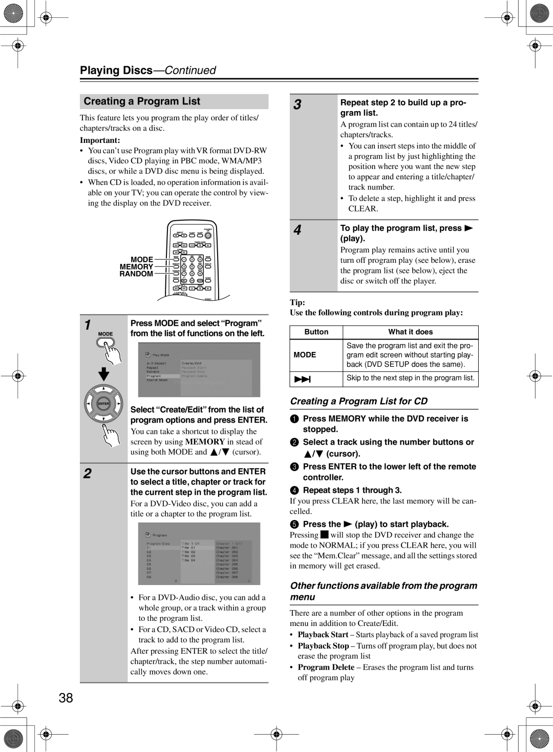 Onkyo DR-815 instruction manual Creating a Program List for CD, Other functions available from the program menu 