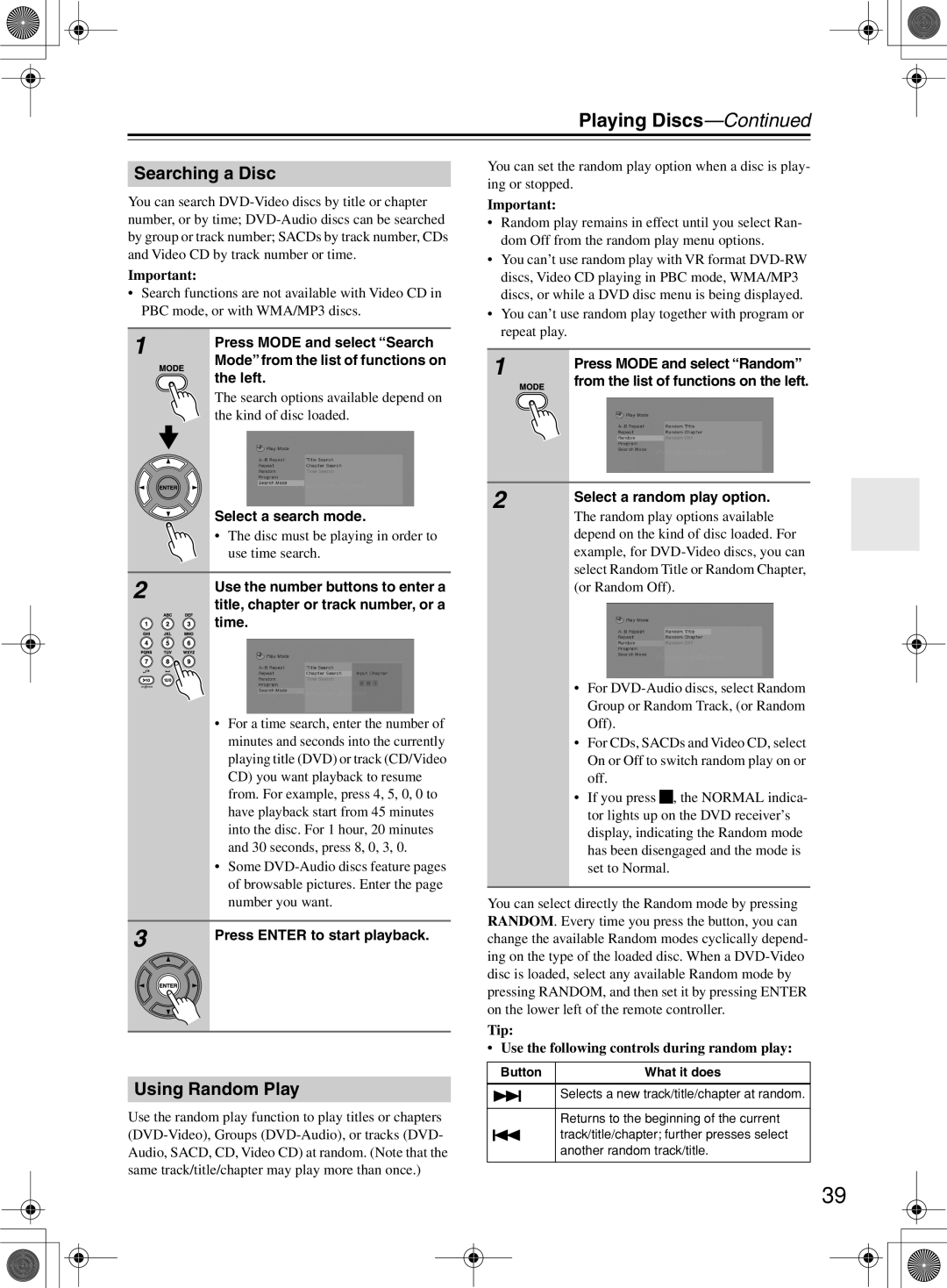 Onkyo DR-815 instruction manual Searching a Disc, Using Random Play 