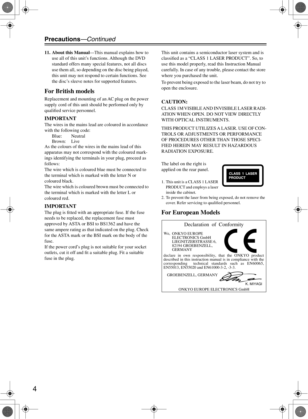 Onkyo DR-815 instruction manual Precautions, For British models 