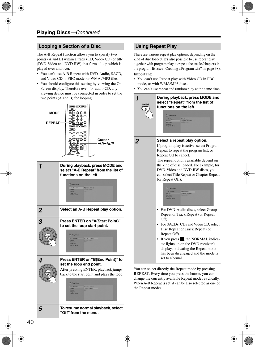 Onkyo DR-815 instruction manual Looping a Section of a Disc Using Repeat Play 