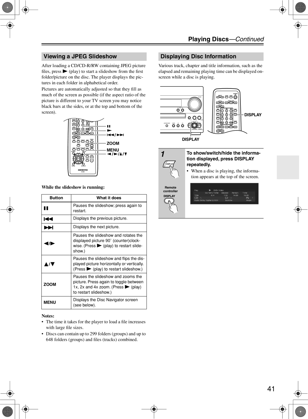 Onkyo DR-815 Viewing a Jpeg Slideshow, Displaying Disc Information, To show/switch/hide the informa, Repeatedly 