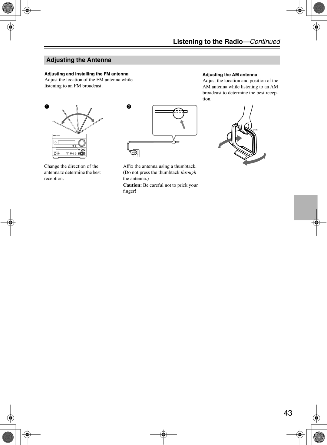 Onkyo DR-815 instruction manual Listening to the Radio, Adjusting the Antenna, Adjusting and installing the FM antenna 