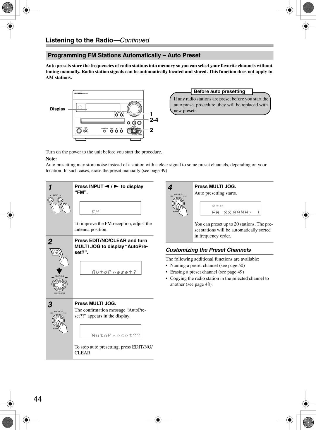 Onkyo DR-815 Programming FM Stations Automatically Auto Preset, Customizing the Preset Channels, Before auto presetting 