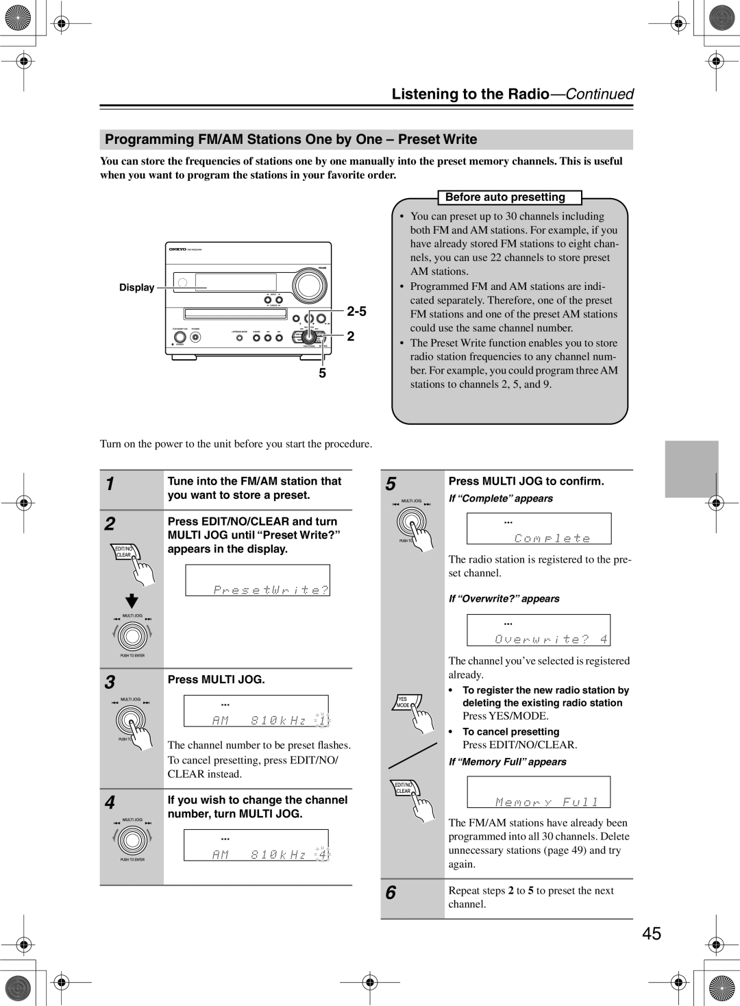 Onkyo DR-815 Programming FM/AM Stations One by One Preset Write, If you wish to change the channel number, turn Multi JOG 
