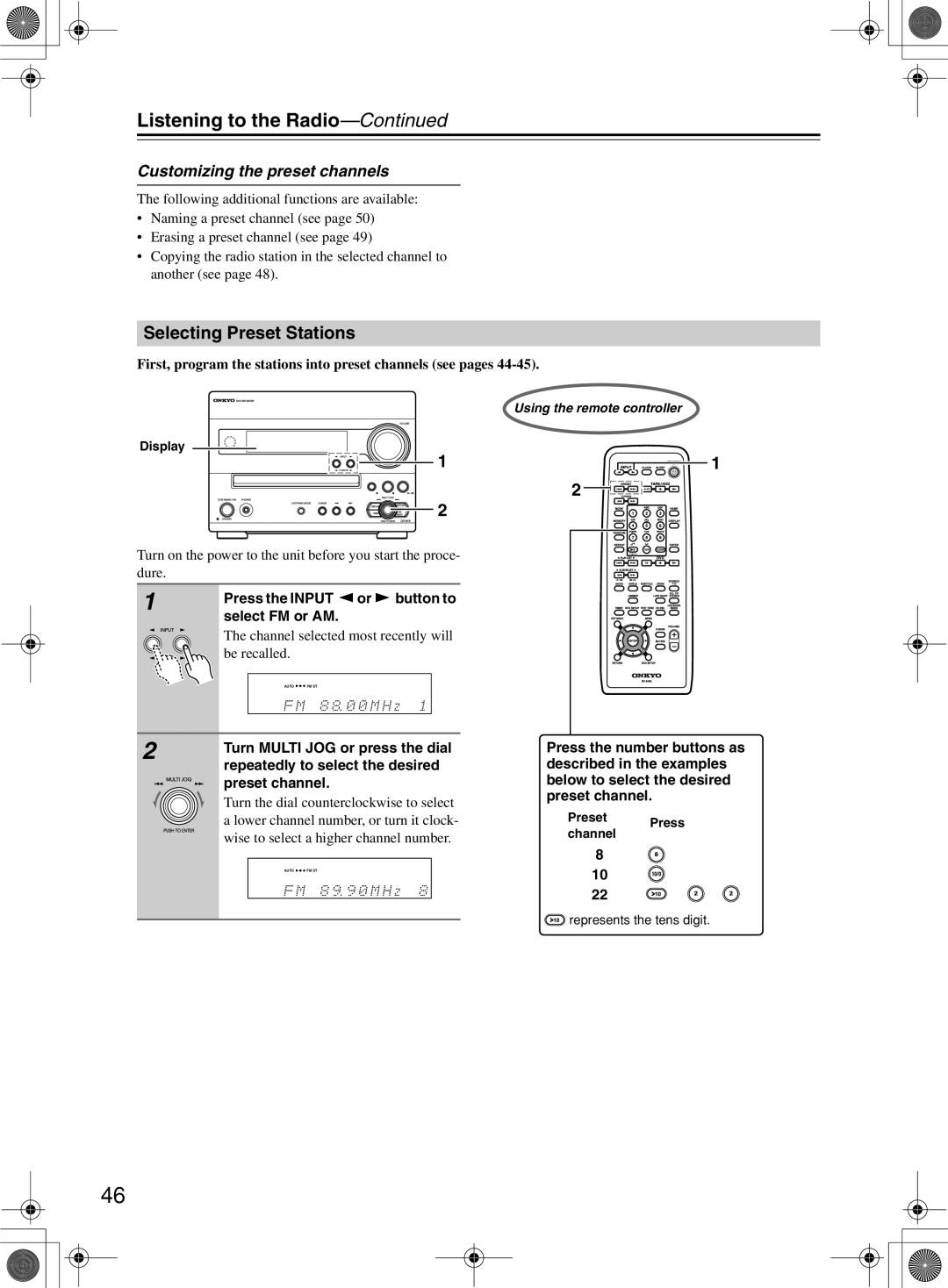 Onkyo DR-815 Selecting Preset Stations, Press the Input Button to Select FM or AM, Turn Multi JOG or press the dial 