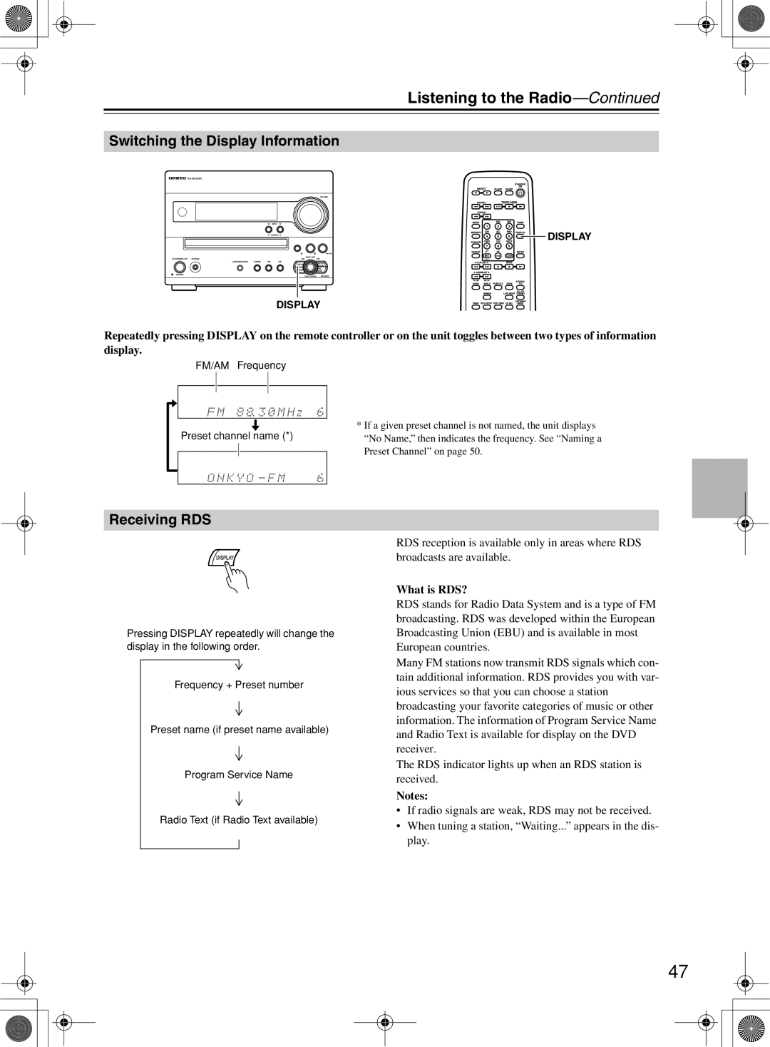 Onkyo DR-815 instruction manual Switching the Display Information, Receiving RDS, What is RDS? 