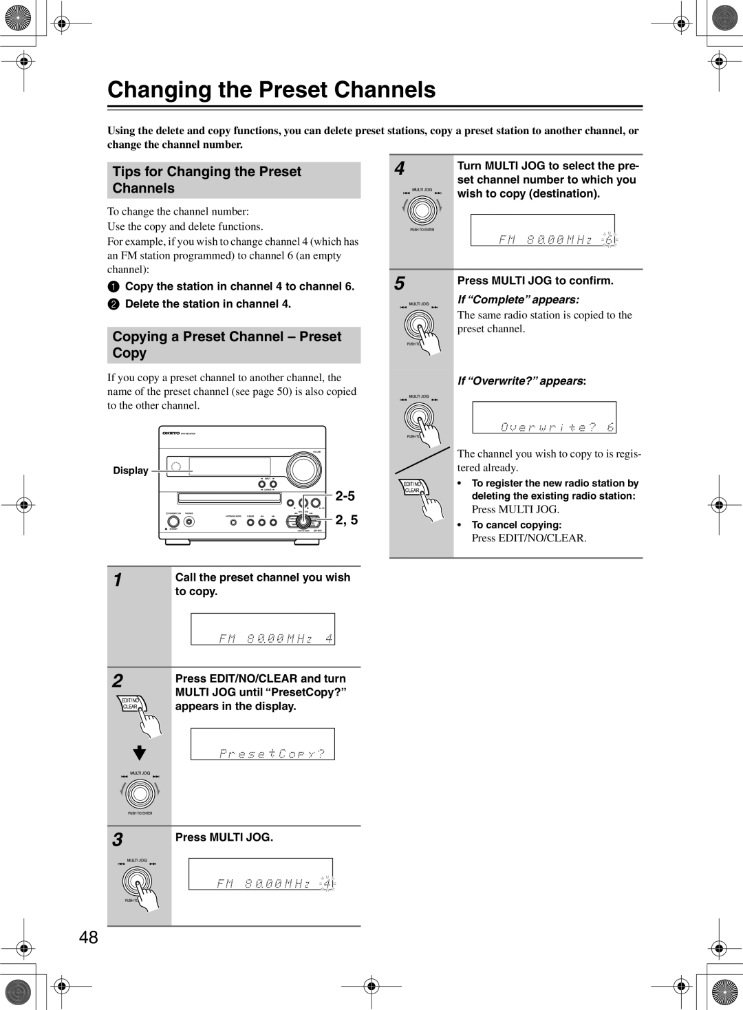 Onkyo DR-815 instruction manual Tips for Changing the Preset Channels, Copying a Preset Channel Preset Copy 